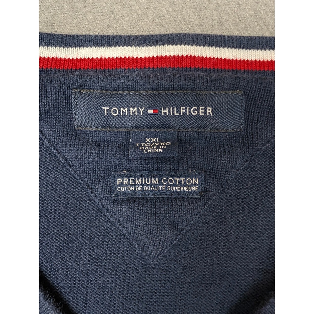 Tommy Hilfiger Mens XXL Navy Blue V-Neck Premium Cotton Knit Sweater Logo - Picture 2 of 8